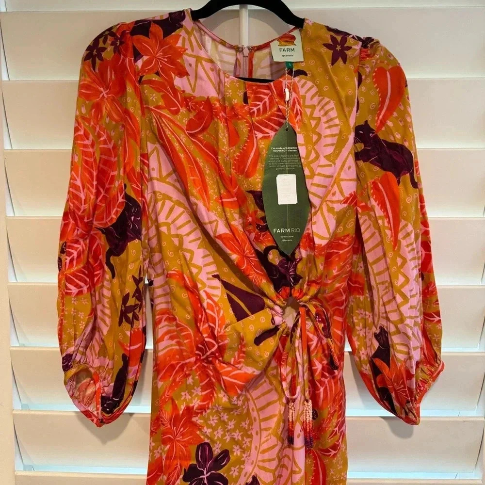 FARM RIO NWT Jungle Panther Print Cinch Keyhole Puff Sleeve Midi Dress S - Picture 8 of 15